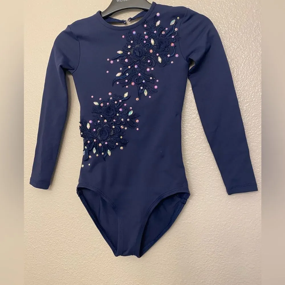 Custom solo Dance Costume navy blue Twist Long Sleeve Leotard modest IC 7/8